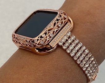 Series 9 41mm 45mm Apple Watch Band Rose Gold  Crystals & or Apple Watch Cover Lab Diamond Bezel Case Cover 38mm-44mm