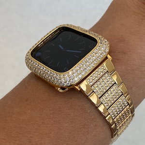 Gold Apple Watch Band 41mm 45mm 49mm Ultra  Crystals & or Apple Watch Case Lab Diamond Bezel Apple Watch Cover 38mm 40mm 42mm 44mm