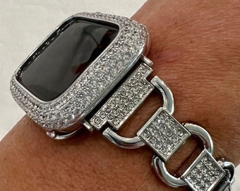 Apple Watch Band Silver Link Bracelet with Swarovski Crystals & or Lab Diamond Bezel Case Cover Smartwatch Bumper