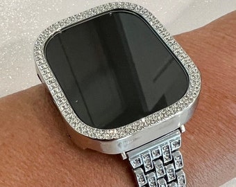 Apple Watch Band 49mm Ultra Silver  Crystals & or Apple Watch Case Cover 38mm-45mm Series 2-8 Smartwatch Bumper Bezel Bling