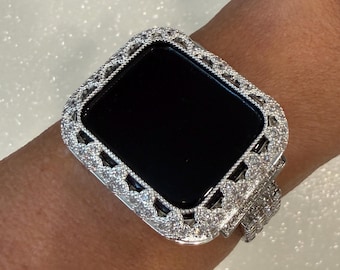 Silver Apple Watch Case Flower in Swarovski Crystals 41-46mm Series 7-11 Protective Apple Watch Bezel Only No Band
