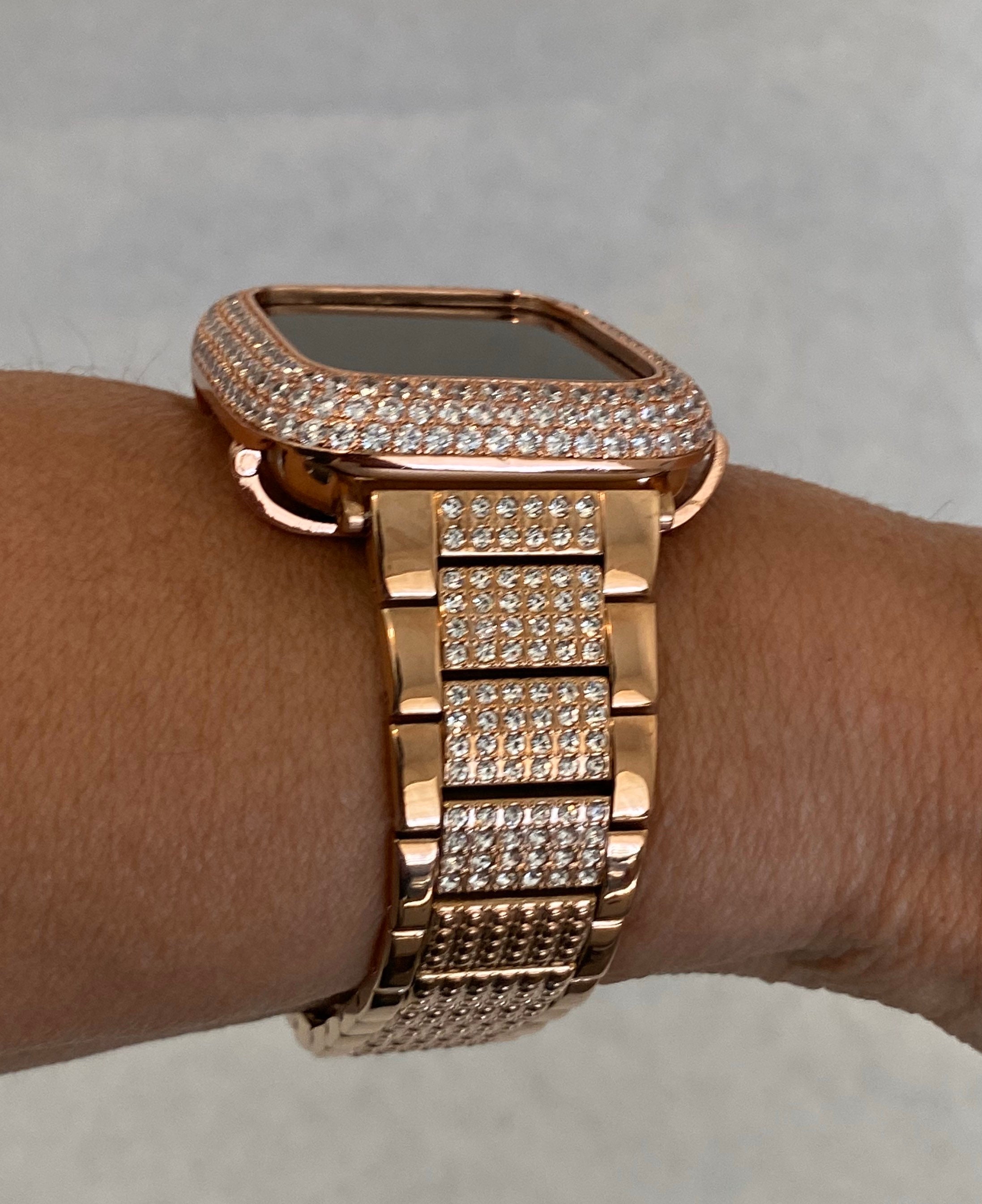 Luxury Apple Watch Band Womens Rose Gold and or Lab Diamond Bezel Cover
