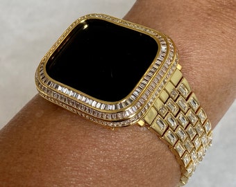 Custom Gold Apple Watch Band  Crystal Baguettes & or Apple Watch Cover Lab Diamond Baguette Bezel Case 40mm 44mm 41mm 45mm