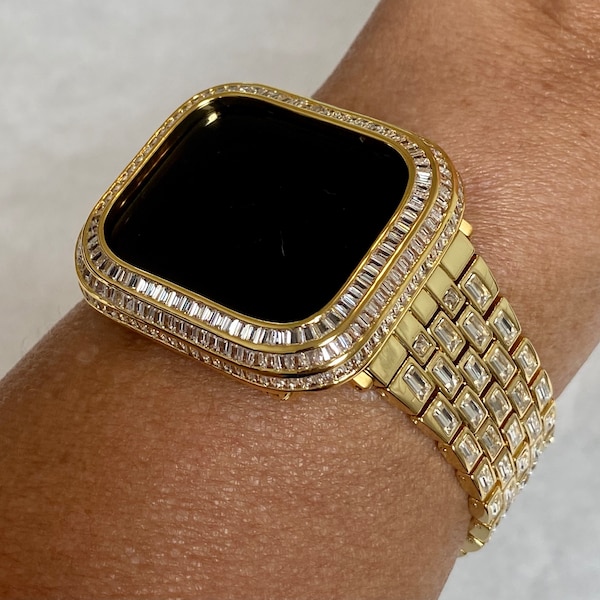Custom Gold Apple Watch Band  Crystal Baguettes & or Apple Watch Cover Lab Diamond Baguette Bezel Case 40mm 44mm 41mm 45mm