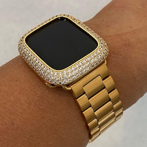 Ultra 49mm Apple Watch Band Mens Gold Stainless Steel Style & or Apple Watch Cover Lab Diamond Bezel Case Bling 38mm-45mm Series 1-10 SE