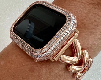 Rose Gold Apple Watch Band Womens Minimalist Bracelet, Iwatch Phone band & or Apple Watch Case Baguette Lab Diamond Bezel Iwatch Cover Gift