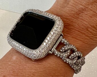 Apple Watch Band Women Designer Swarovski Crystal Silver Chain Style & or Apple Watch Cover Iwatch Bumper Iwatch Candy Bling 38mm-49mm Ultra