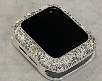 Swarovski Crystal Apple Watch Cover Silver, Apple Watch Case Floral Iphone Watch Case Bling 38mm 40mm 41mm 42mm 44mm 45mm Series 2-9 Gift