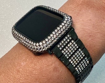 Black Apple Watch Band Womens Mens Stainless Steel Swarovski Crystals & or Apple Watch Cover Lab Diamond Bezel Iphone Watch Case 38mm-49mm
