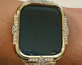 Series 10 Apple Watch Cover Yellow Gold Screen Protector Women Swarovski Crystal Apple Watch Case 41mm 45mm Tempered Glass Iphone Watch Case