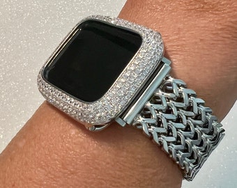 Silver Apple Watch Band Stainless Steel Womens Iphone Watch Bracelet & or Apple Watch Case Lab Diamond Bezel 38mm-49mm Ultra Iwatch Candy