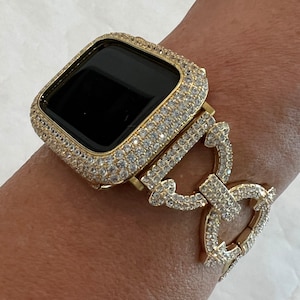 Pave Apple Watch Band Women 49mm Ultra Gold Swarovski Crystals & or Apple Watch Cover Lab Diamond Bezel Case Bling 38mm-45mm Series 1-10 SE