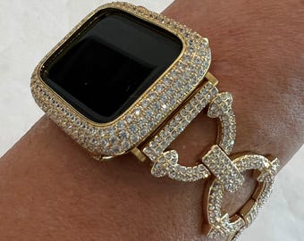 Pave Apple Watch Band Women 49mm Ultra Gold Swarovski Crystals & or Apple Watch Cover Lab Diamond Bezel Case Bling 38mm-45mm Series 1-10 SE