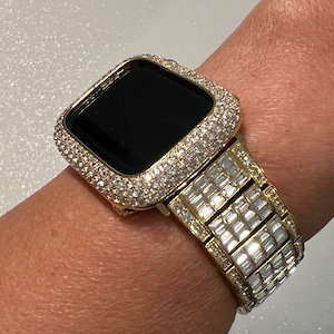Designer Gold Apple Watch Band 49mm Ultra Mens Swarovski Crystal & or Apple Watch Case Lab Diamond Bezel Apple Watch Cover 38mm-45mm