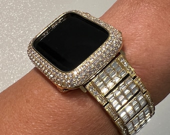 Designer Gold Apple Watch Band 49mm Ultra Mens Swarovski Crystal & or Apple Watch Case Lab Diamond Bezel Apple Watch Cover 38mm-45mm