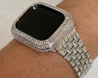 Silver Apple Watch Band Silver 40mm 41mm 44mm 45mm & or White Gold Lab Diamond Baguette Bezel Cover Smartwatch Bumper Bling Series 4-9 SE