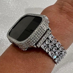 Ultra 49mm Apple Watch Band Silver Crystals & or Apple Watch Case 49mm Cover Smartwatch Bumper Bezel Bling Series 8