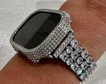 Ultra 49mm Apple Watch Band Silver Crystals & or Apple Watch Case 49mm Cover Smartwatch Bumper Bezel Bling Series 8