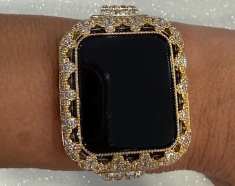 Gold Apple Watch Case Flower in Swarovski Crystals 41-46mm Series 7-11 Protective Apple Watch Bezel Only No Band