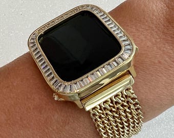 Yellow Gold Apple Watch Band Women Chain Link 38mm-45mm Ultra, Iwatch Phone band & or Apple Watch Case Lab Diamond Bezel Cover Minimalist