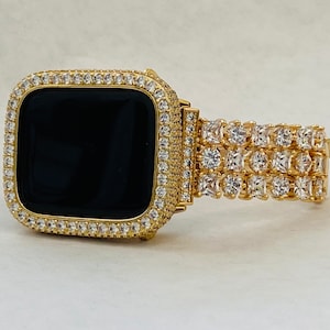 Apple Watch Band Gold Swarovski Crystals & or Apple Watch Cover Lab Diamond Bezel Apple Watch Case Smartwatch Bumper 38mm-49mm Ultra Bling