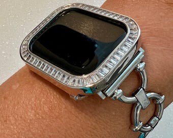 Silver Apple Watch Band Womens Bracelet 38mm-45mm Minimalist, Iphone Watch band & or Bling Apple Watch Case Lab Diamond Bezel Cover Gift