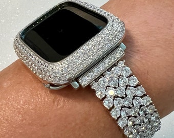 Luxury Designer Apple Watch Band Womens Silver Bracelet & or Apple Watch Case Lab Diamond Bezel Iphone Watch Cover Iwatch Candy Bling