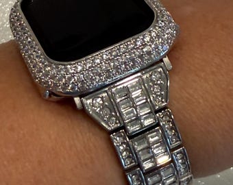 Silver Apple Watch Band Swarovski Crystals Baguettes 38mm-49mm Ultra & or Apple Watch Cover Lab Diamond Bezel Apple Watch Case Iwatch Candy