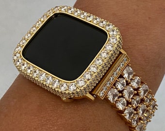 Series 2-9 Apple Watch Band Gold Swarovski Crystals & or Lab Diamond Bezel Cover 38 40 41 42 44 45mm Smartwatch Bumper Bling