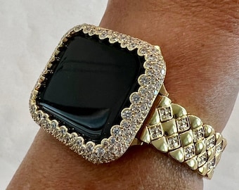 Gold Apple Watch Band Womens Stainless Steel Swarovski Crystals & or Apple Watch Cover Lab Diamond Bezel 38mm-49mm Ultra Series 10