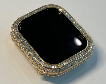 Yellow Gold Apple Watch Case Lab Diamond Bezel Apple Watch Cover 40mm 41mm 44mm 45mm 3 Rows of Baguettes Smartwatch Bumper Bling