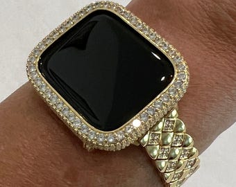 Gold Apple Watch Band Women Stainless Steel Swarovski Crystal & or Apple Watch Cover Lab Diamonds Case 38-49mm Iwatch Candy Bling Series 10