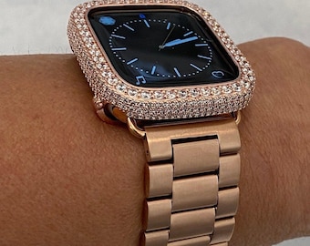 Ultra 49mm Apple Watch Band Rose Gold Stainless Steel & or Apple Watch Cover Lab Diamond Bezel Case Bling 38mm-45mm S 2-10 Iwatch Candy