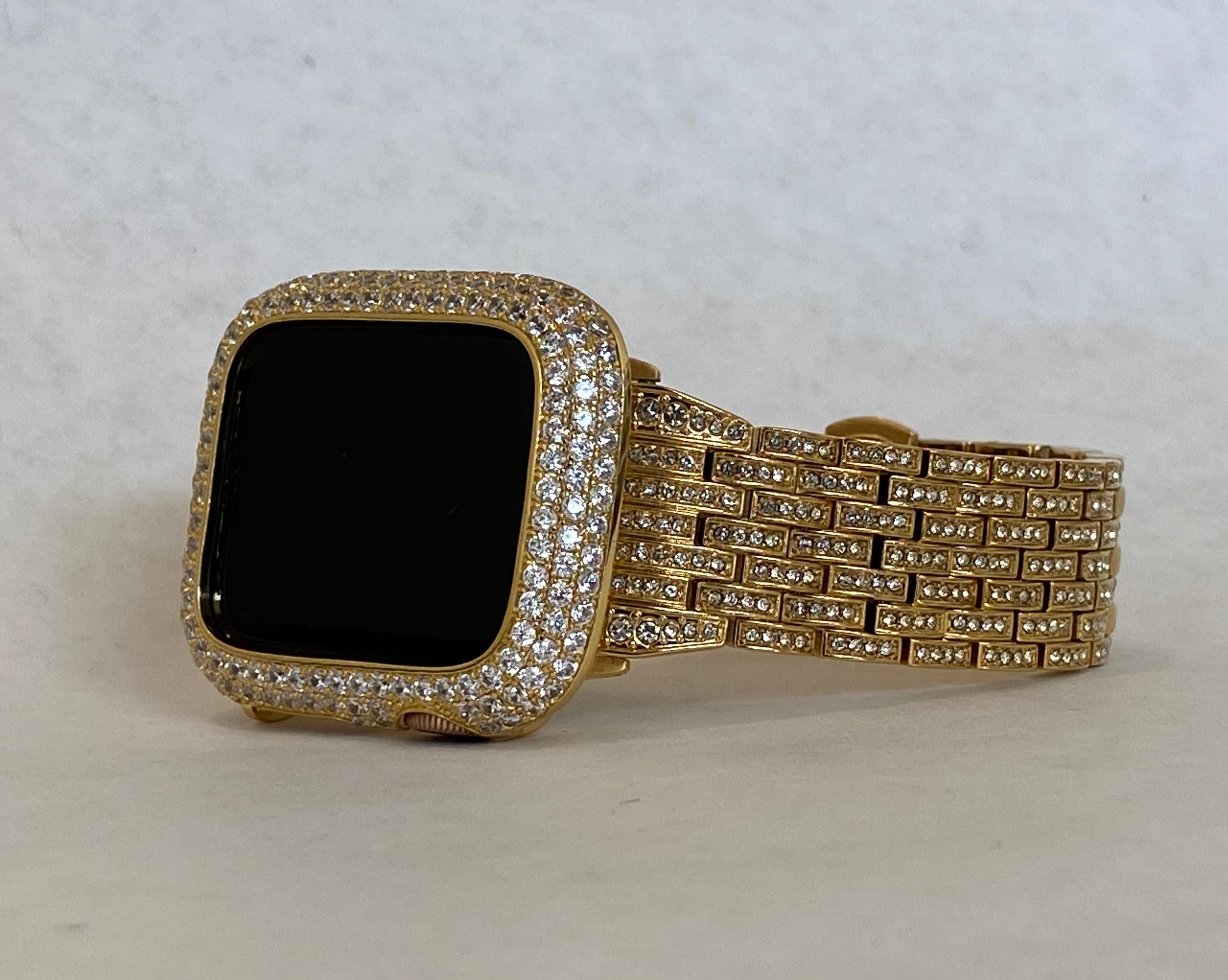 Iced Out Gold Apple Watch Band Stainless Steel Swarovski Crystals for iPhone Watch or Apple Watch Case Lab Diamonds 38mm 49mm Ultra Bling Etsy UK