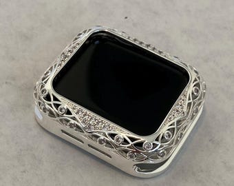 Series 2-10 Apple Watch Cover Silver Lace Design Metal Protective Bumper Apple Watch Case Swarovski Crystal 38mm-46mm Custom Iwatch Candy