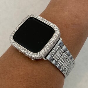 Custom Apple Watch Band Womens Mens Style Silver with Swarovski Crystals  & or Apple Watch Case Cover with Lab Diamonds