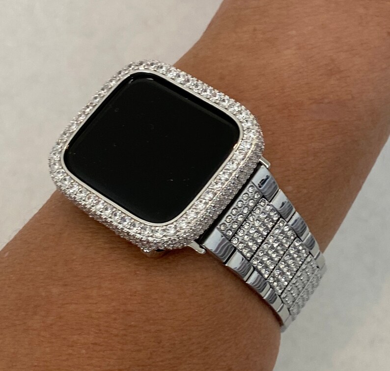Custom Apple Watch Band Womens Mens Style Silver with Swarovski Crystals  & or Apple Watch Case Cover with Lab Diamonds