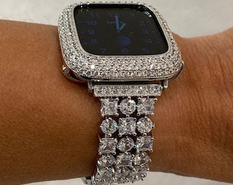 Series 2-9 Apple Watch Band 41mm 45mm 49mm Ultra  Crystals & or Lab Diamond Bezel Apple Watch Case Bumper Smartwatch Bling Silver