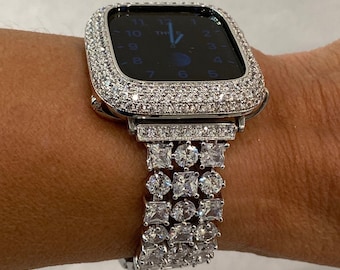 Series 2-10 Apple Watch Band 41mm 45mm 49mm Ultra Swarovski Crystals & or Lab Diamond Bezel Apple Watch Case Bumper Smartwatch Bling Silver