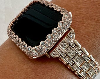 Series 10 Apple Watch Band 42mm 46mm Rose Gold Swarovski Crystals & or Apple Watch Cover Lab Diamond Bezel Bling 38mm-49mm Ultra
