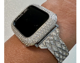 Silver Apple Watch Band Bracelet Womens Iphone Watch Band & or Apple Watch Case Lab Diamond Bezel Iwatch Cover Bling 38mm-49mm Ultra