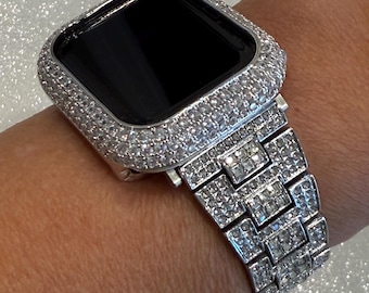 Pave Silver Apple Watch Band Women 38mm-49mm Ultra Swarovski Crystal & or Apple Watch Cover Lab Diamond Bezel Apple Watch Case Series 2-11