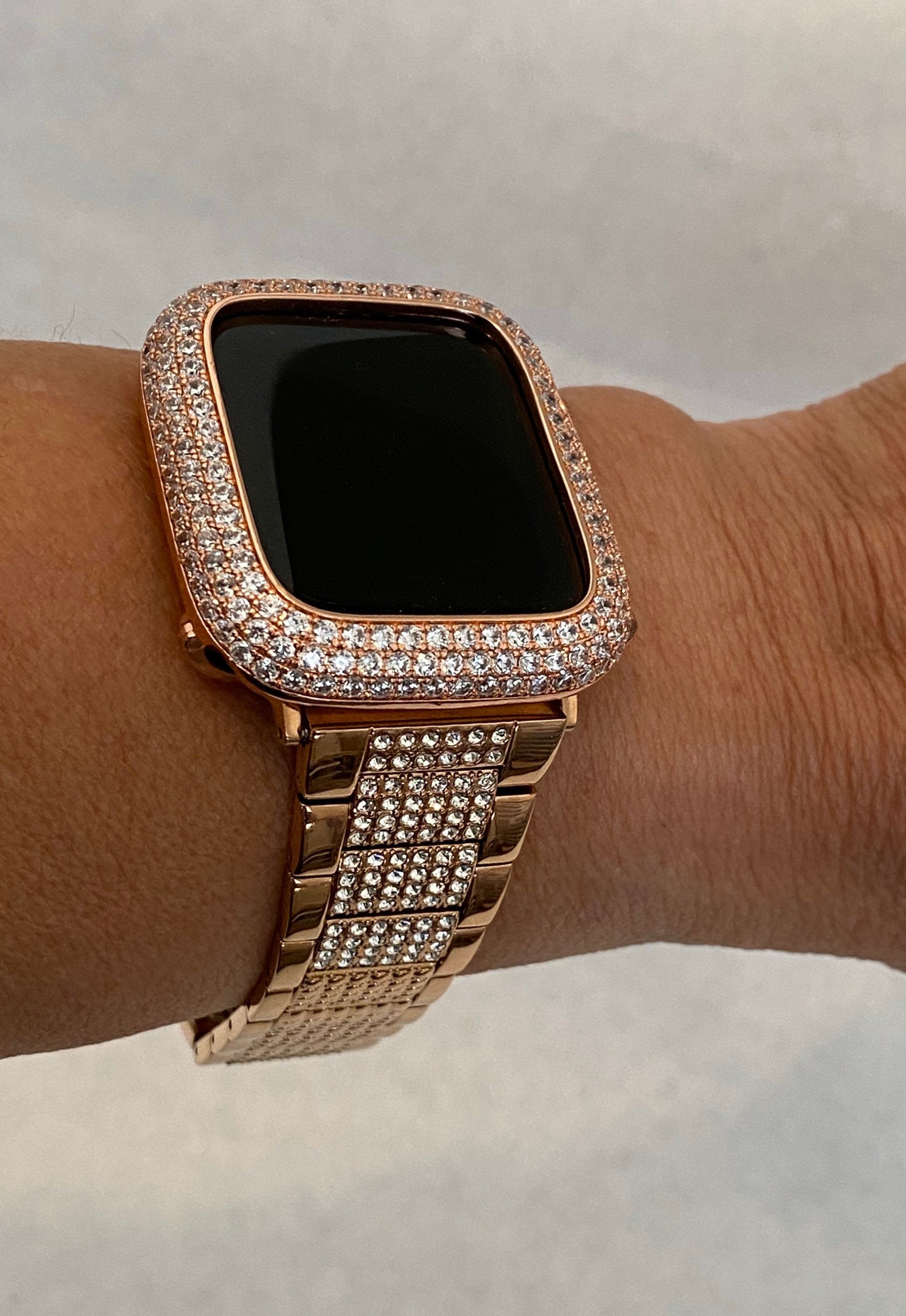 Luxury Apple Watch Band Womens Rose Gold and or Lab Diamond Bezel Cover