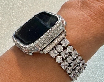 Series 10 Apple Watch Band Woman Silver Swarovski Crystal & or Apple Watch Cover Crystal Apple Watch Bezel 41mm42mm 45mm 46mm 49mm Protector