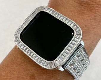 Apple Watch Band White Gold 38mm 40mm 42mm 44mm Swarovski Crystals & or Baguette Lab Diamond Bezel Case Cover Bling
