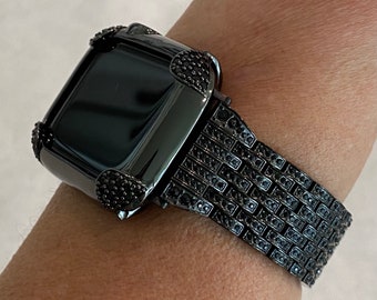 Black on Black Apple Watch Band & or Matching Lab Diamond Bezel Cover 40mm 44mm Custom Handmade