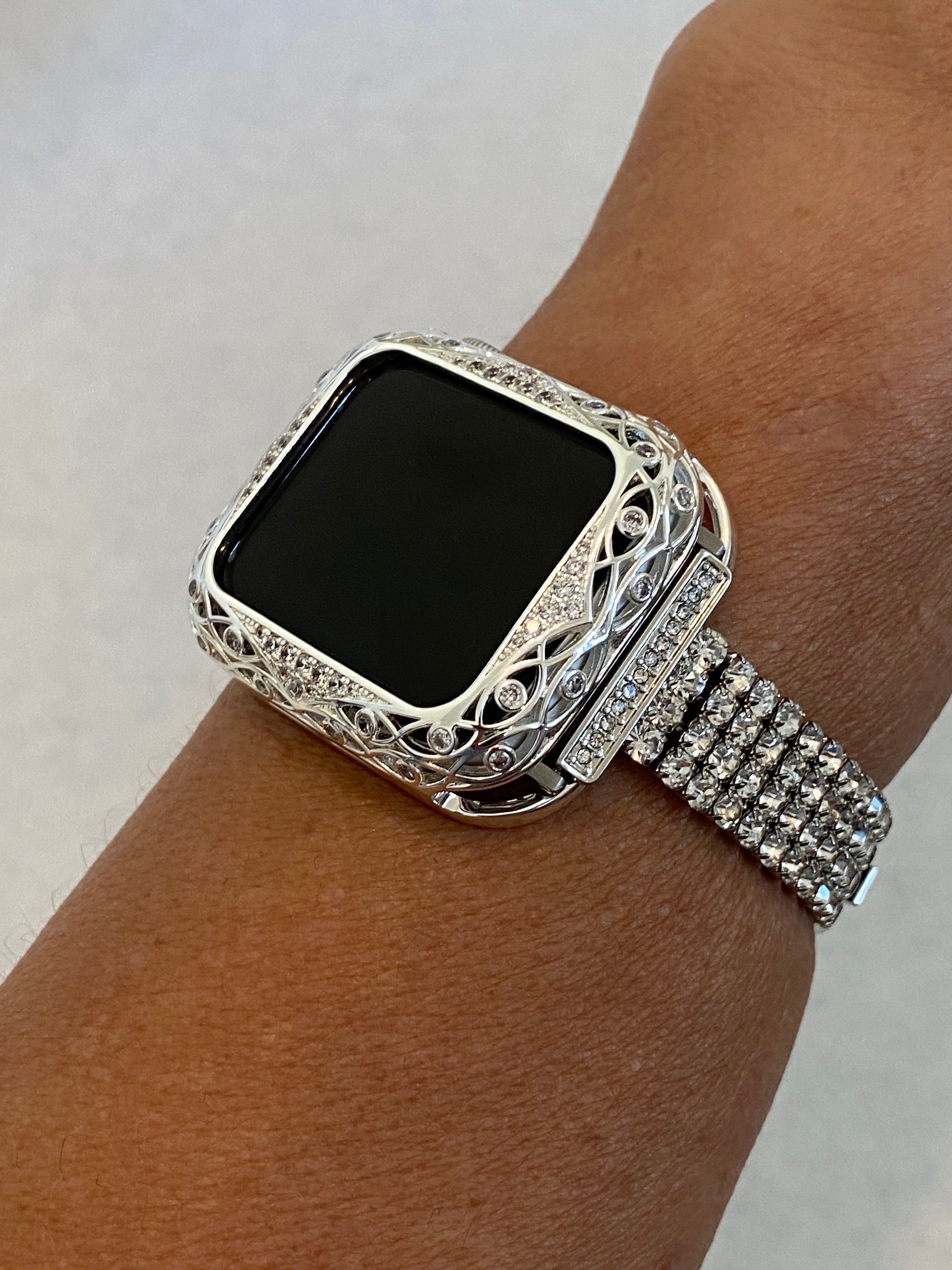 Bling Apple Watch Band Women's Silver 38mm 40mm 42mm 44mm and or CZ Bezel Cover Series 1 2 3 4 5
