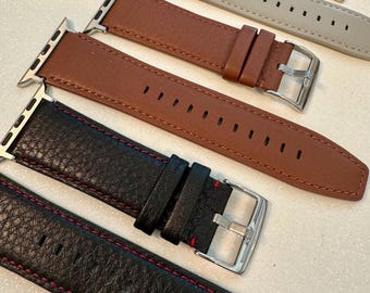 Leather Apple Watch Band Mens Pebbled Black-Red, Smooth Tan-Brown, Gray, Apple Watch Straps 42mm 44mm 45mm 46mm 49mm Iphone Watch Band