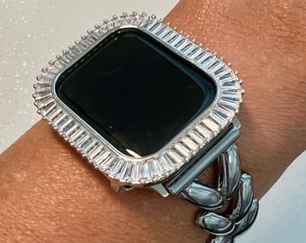 Silver Apple Watch Band 41mm 45mm, Sleek Iphone Watch Band V Link & or Apple Watch Case Baguette Lab Diamond Bezel Iwatch Cover Bling