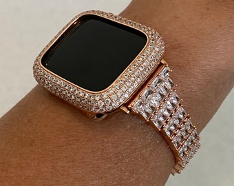 Apple Watch Band Women Women Rose Gold Custom Baguette & or Apple Watch Cover Lab Diamond Bezel for Iphone Watch Case 38mm-49mm Ultra